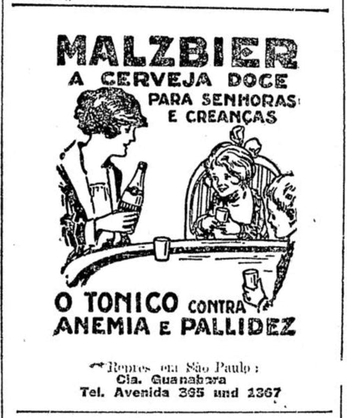 Imagem de uma propaganda cervejeira que estava em um jornal em que aparece escrito MALZIBIER, a cerveja doce para senhoras e crianças. Tonico contra anemia e pallidez.