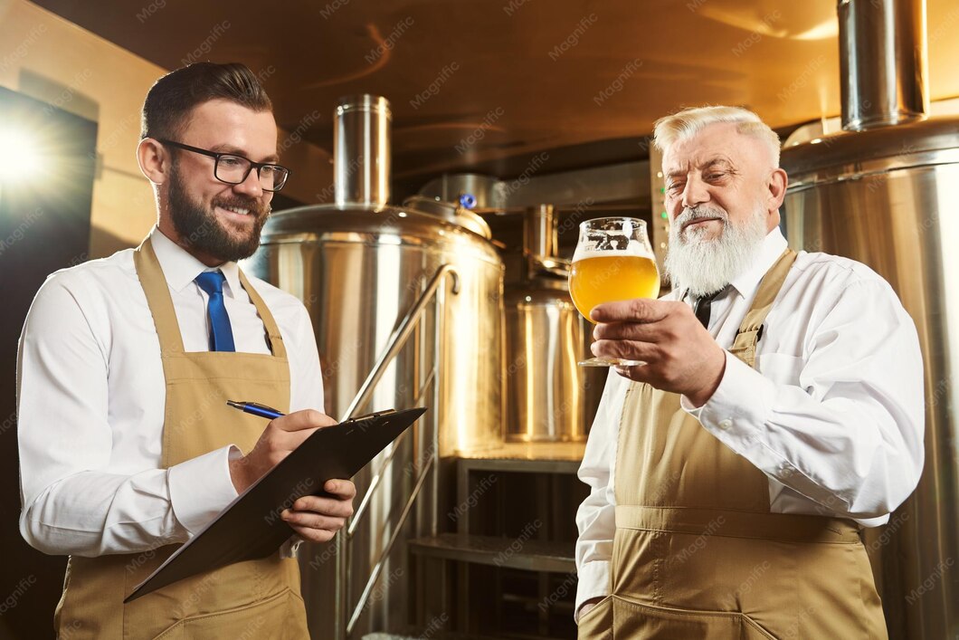 Dois homens usando avental; um deles está anotando dados sobre a cerveja, e o outro está com o copo de cerveja em mãos. Ambos estão numa fábrica