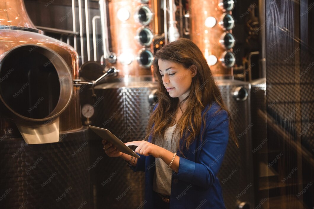 Foto de uma mulher de terno contabilizando a produção de cerveja