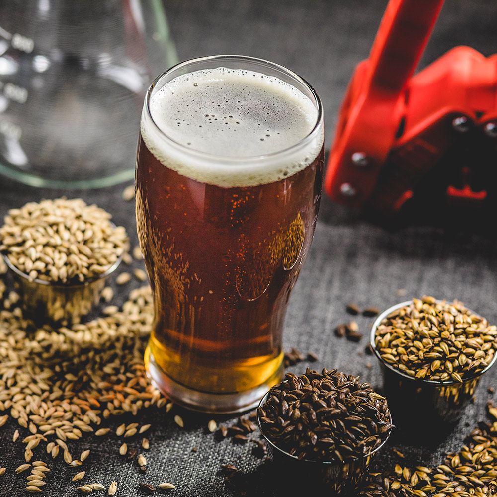 pint de cerveja sobre a mesa, ao lado insumos