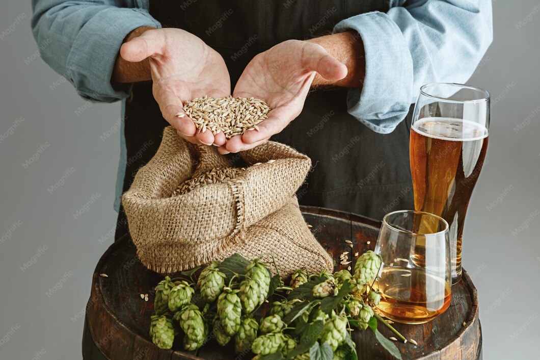 Mão masculina e branca segurando cevada sobre um barril de madeira. Frente à cevada se encontra lúpulo e dois copos com cerveja