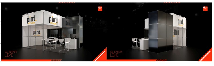 Render 3D do estande, frente e verso